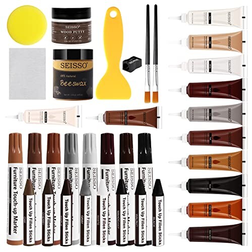 SEISSO フローリング 補修 木製品キズ補修キット 木工パテ付き ネジ穴 補修 床 補修 かくれん棒付き クレヨン付き 傷隠し 傷隠し ひび割